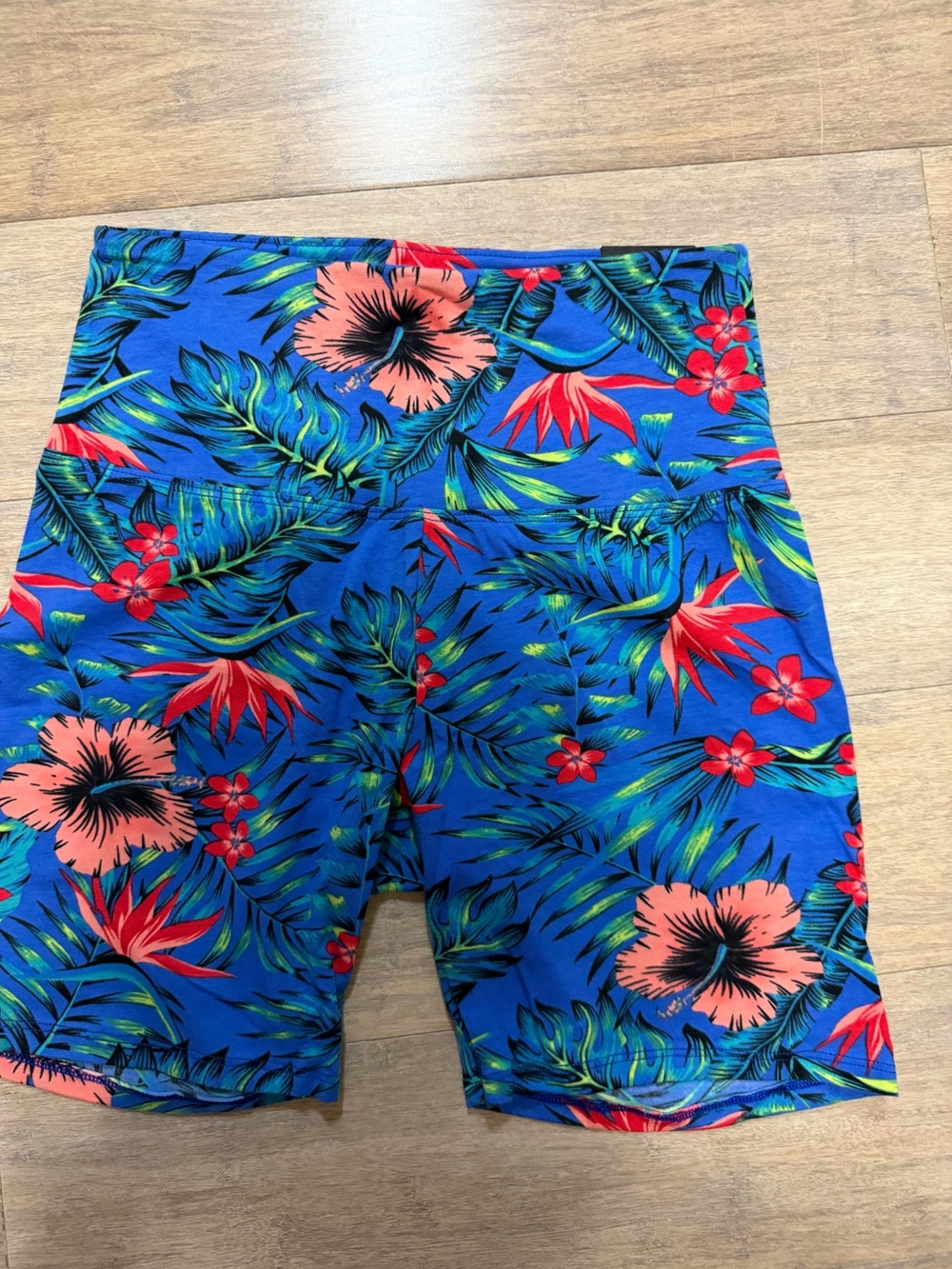 Tropical Floral High-Waist Bike Shorts - Bold Blue & Coral Print